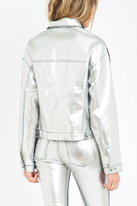 Two-Tone Contrast Bonded Metallic Cropped Jacket