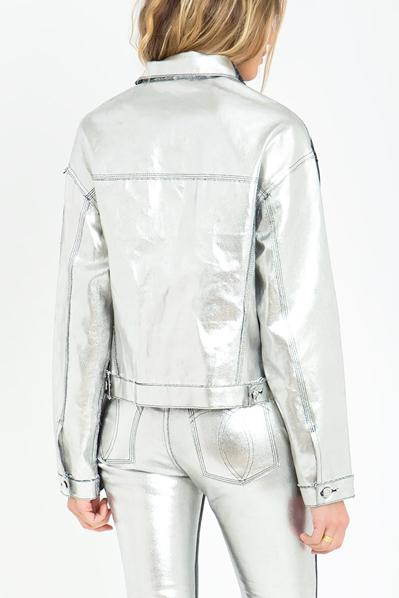 Two-Tone Contrast Bonded Metallic Cropped Jacket