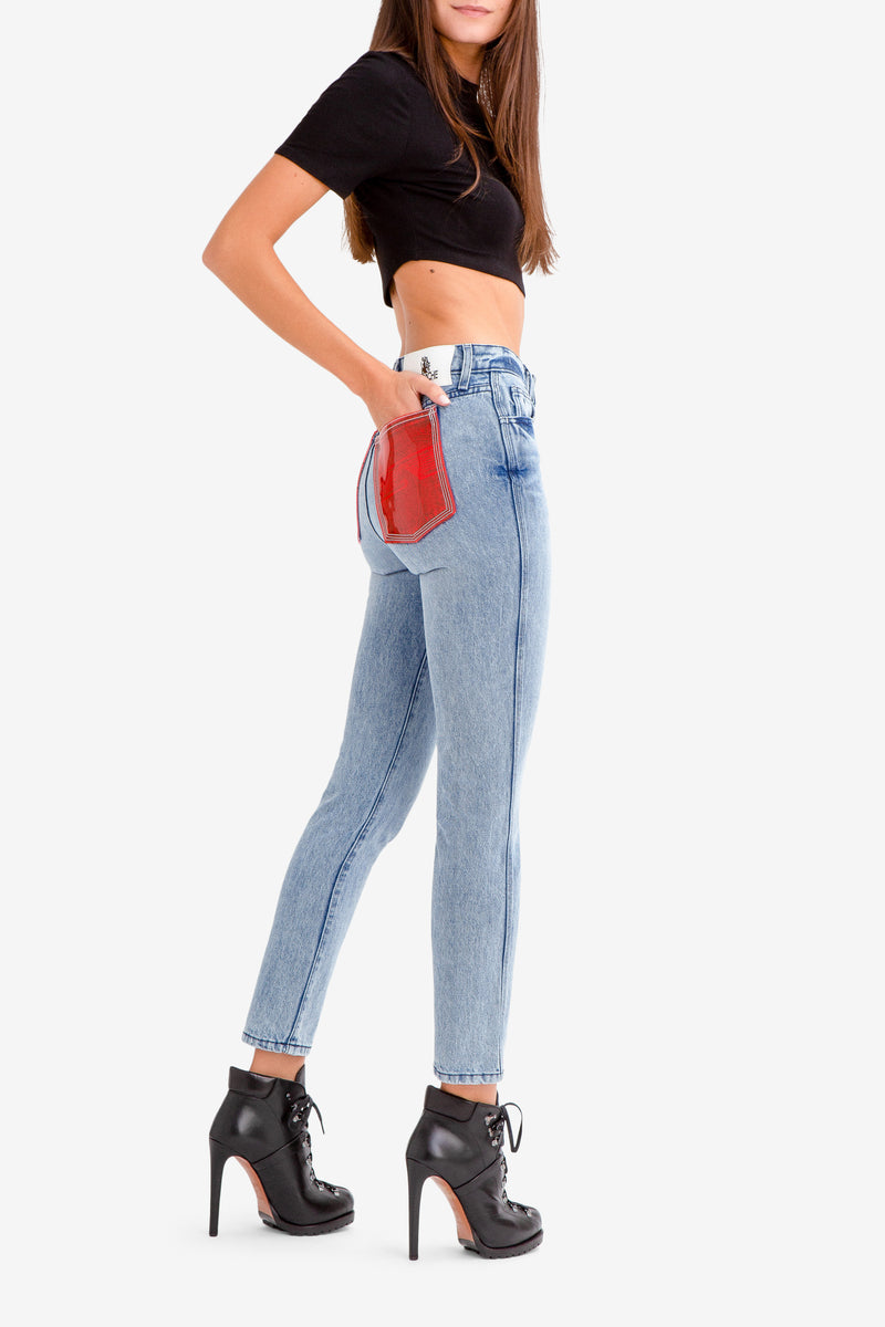 RED PVC POCKET HIGH RISE VINTAGE CROP